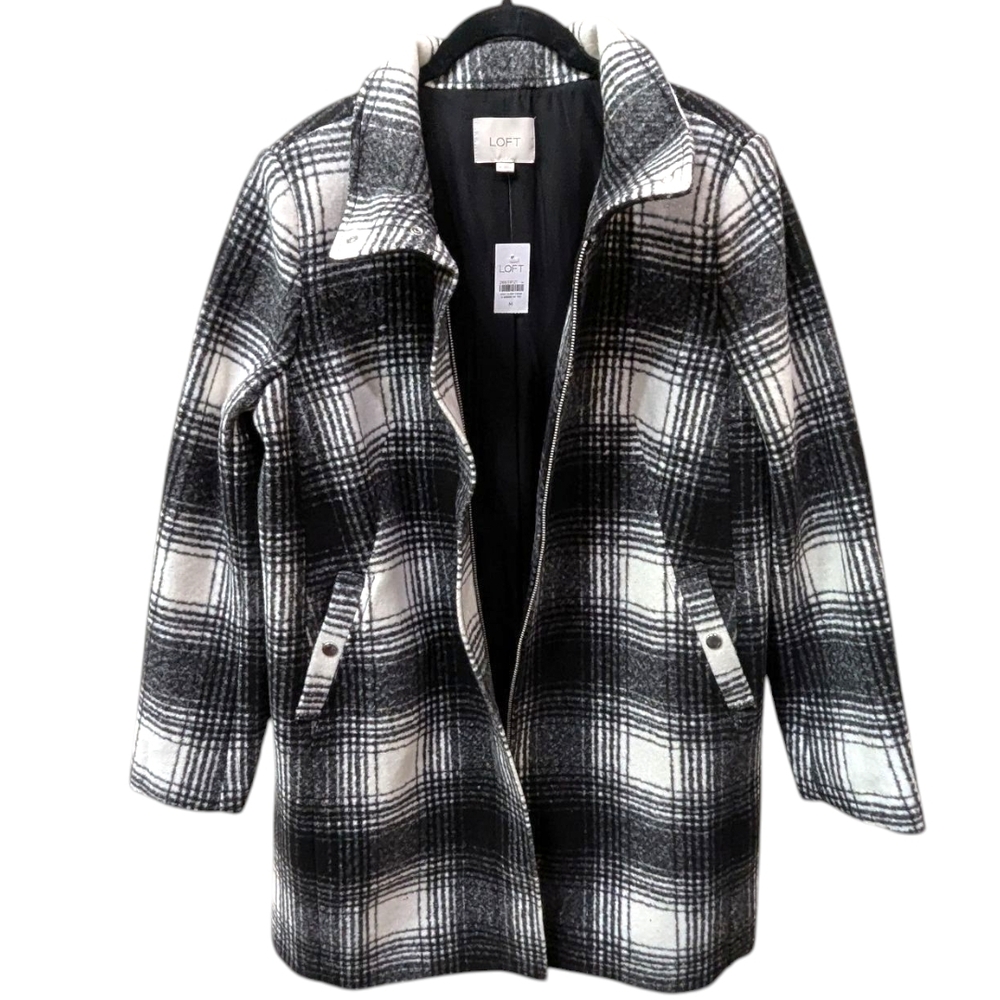 {FLAW} Lane Bryant Black and White Plaid Funnel Neck Pea Car Wool Blend Coat (M) - Picture 5 of 11